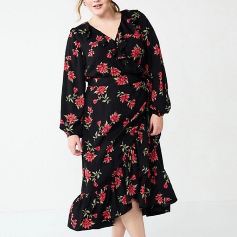 Draper James RSVP Floral Print Wrap Dress Long Sleeve Ruffle Trim Belted Black